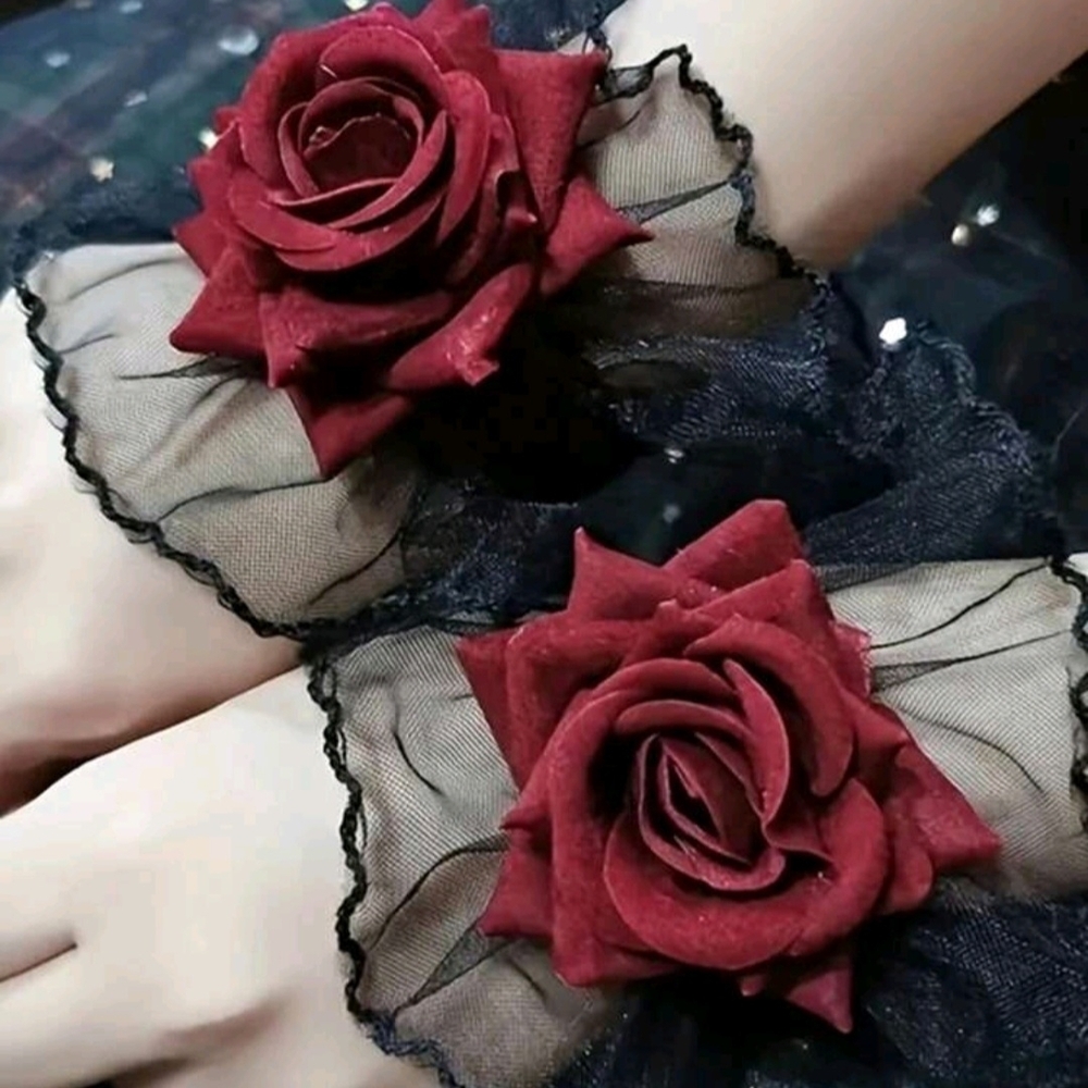 Black Skull Black Lace Wrist Corsage with Deep Red Rose
